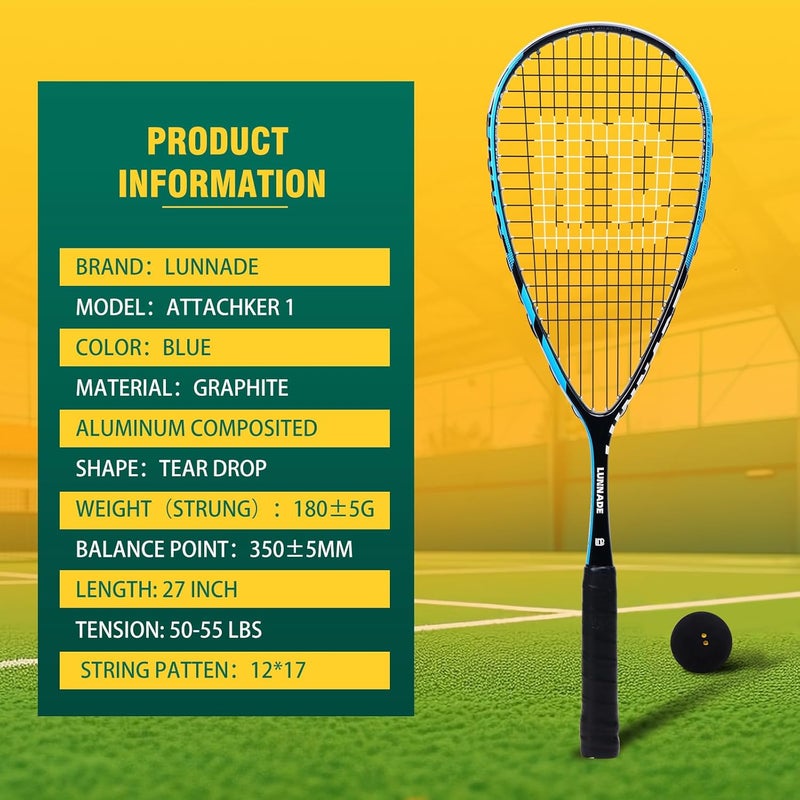 LUNNADE Carbon Squash Racket, Lightweight Tear Drop Squash Racquet with Ball Overgrip Damper and Bag - Image 3